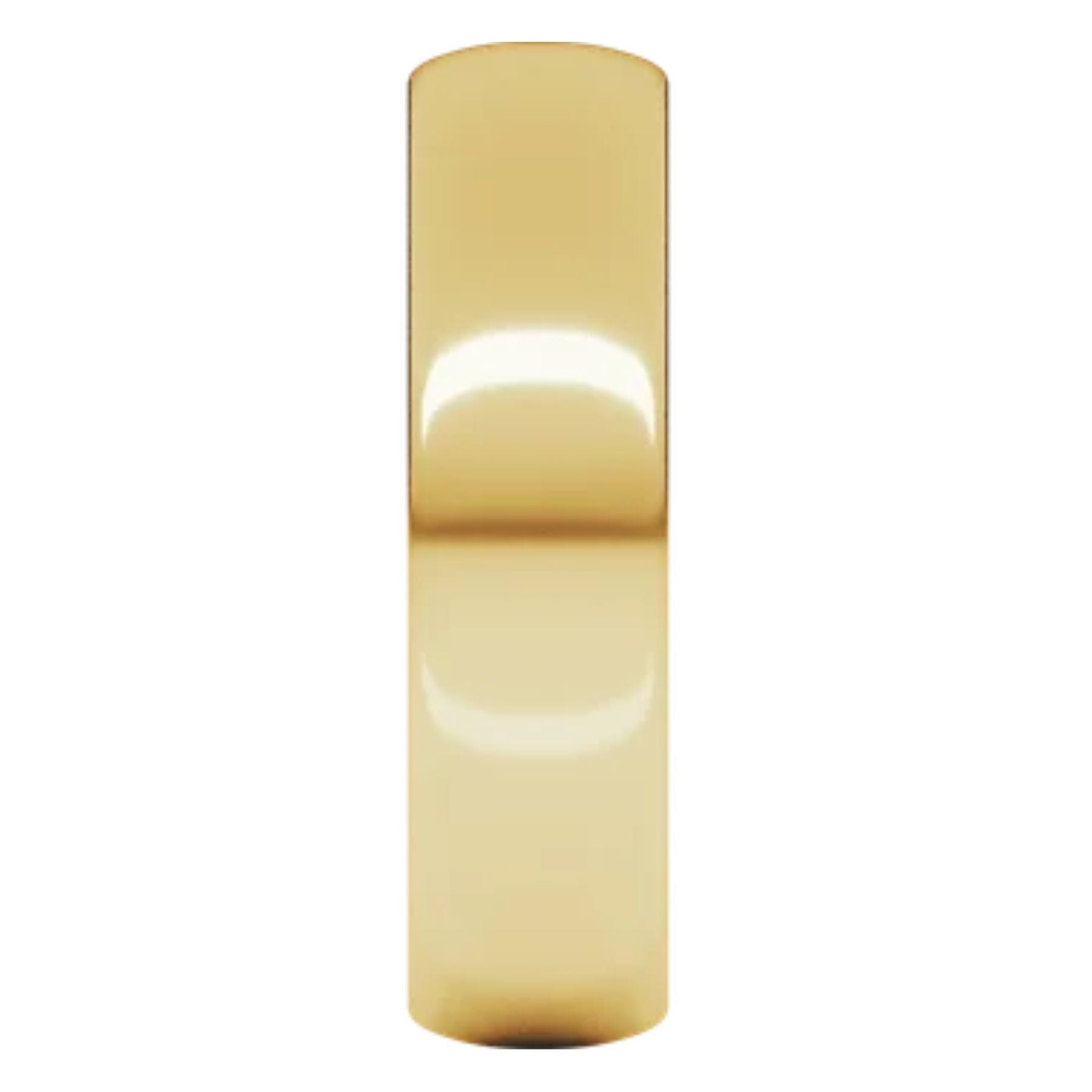 A polished gold band ring with a smooth, rounded top and bottom, shown vertically on a plain white background.