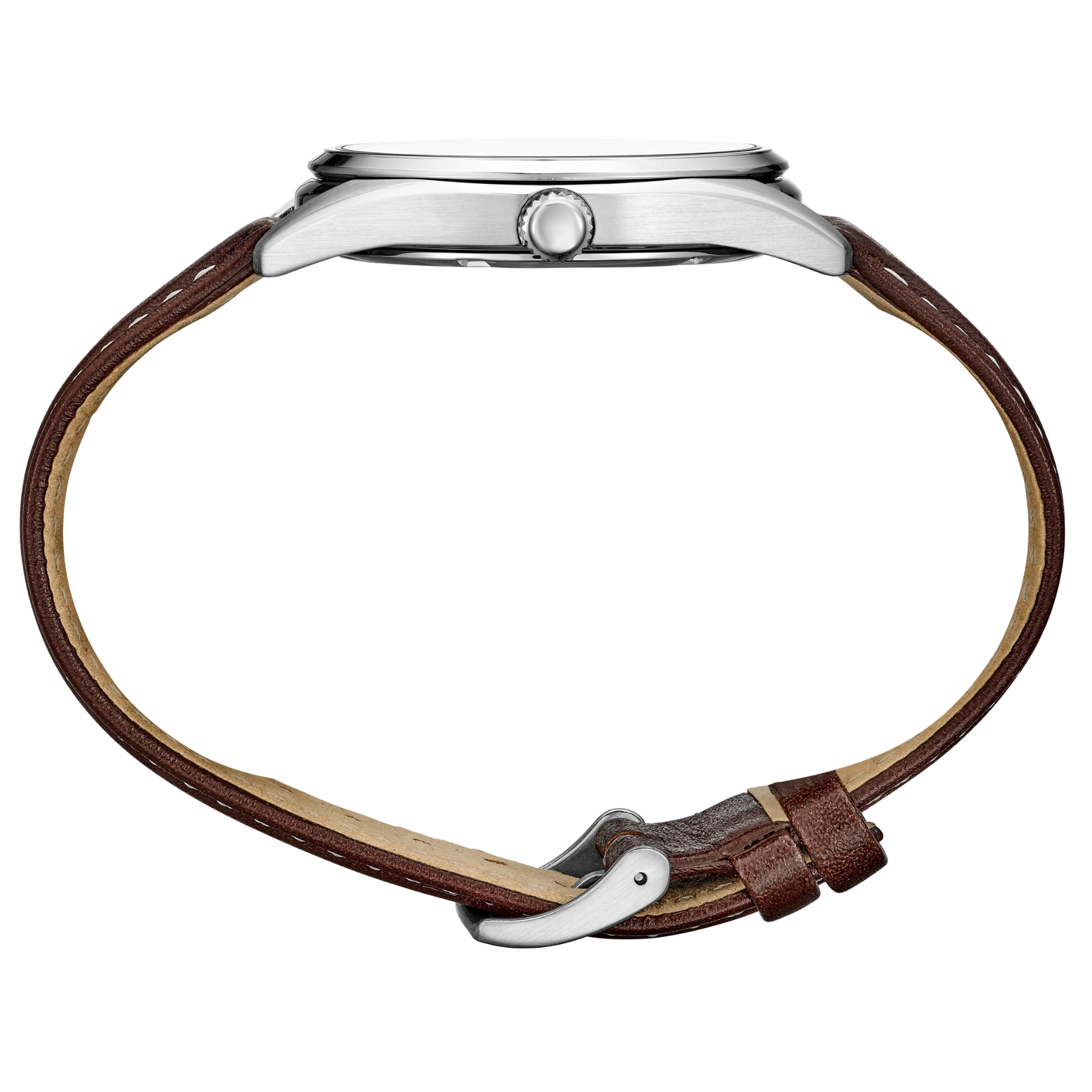 Wristwatch with brown leather strap and silver case on a white background
