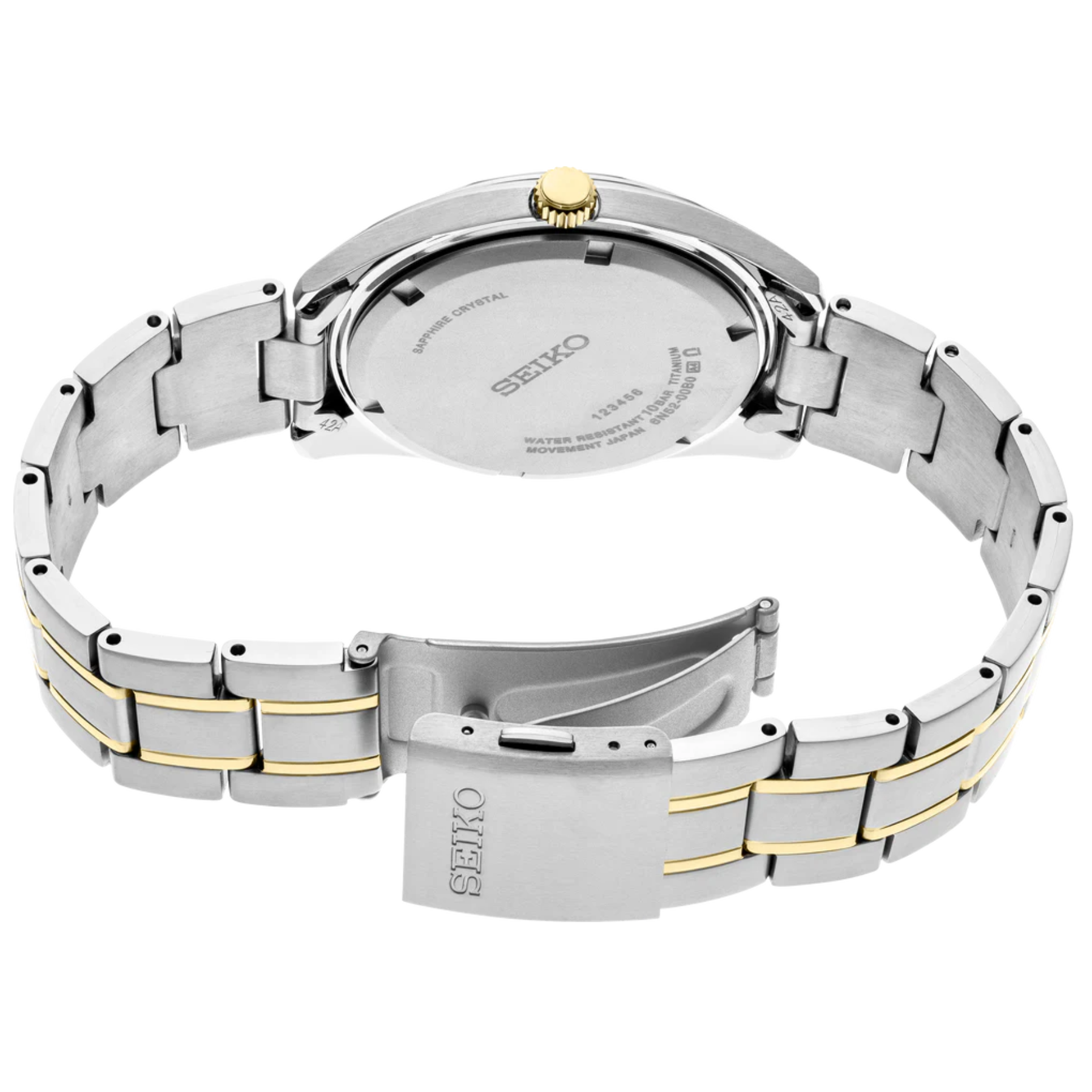 Seiko watch with two-tone metal band on a white background