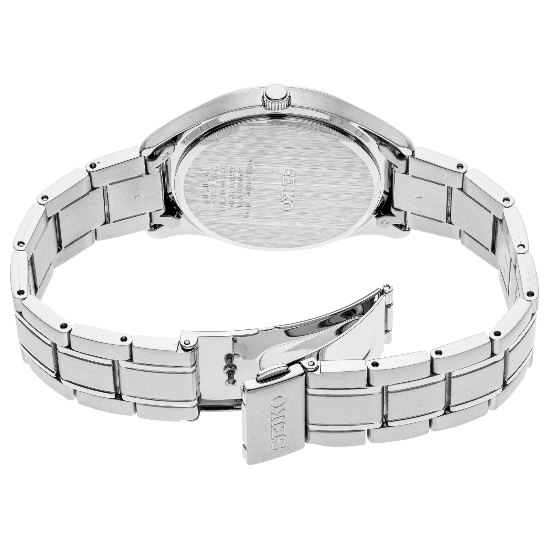 Silver Seiko watch with metal band on a white background