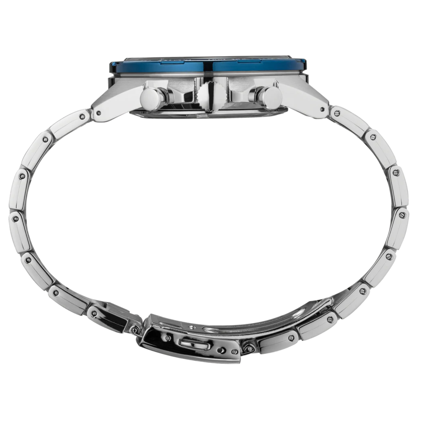 Close-up of a silver bracelet with blue accents on a white background
