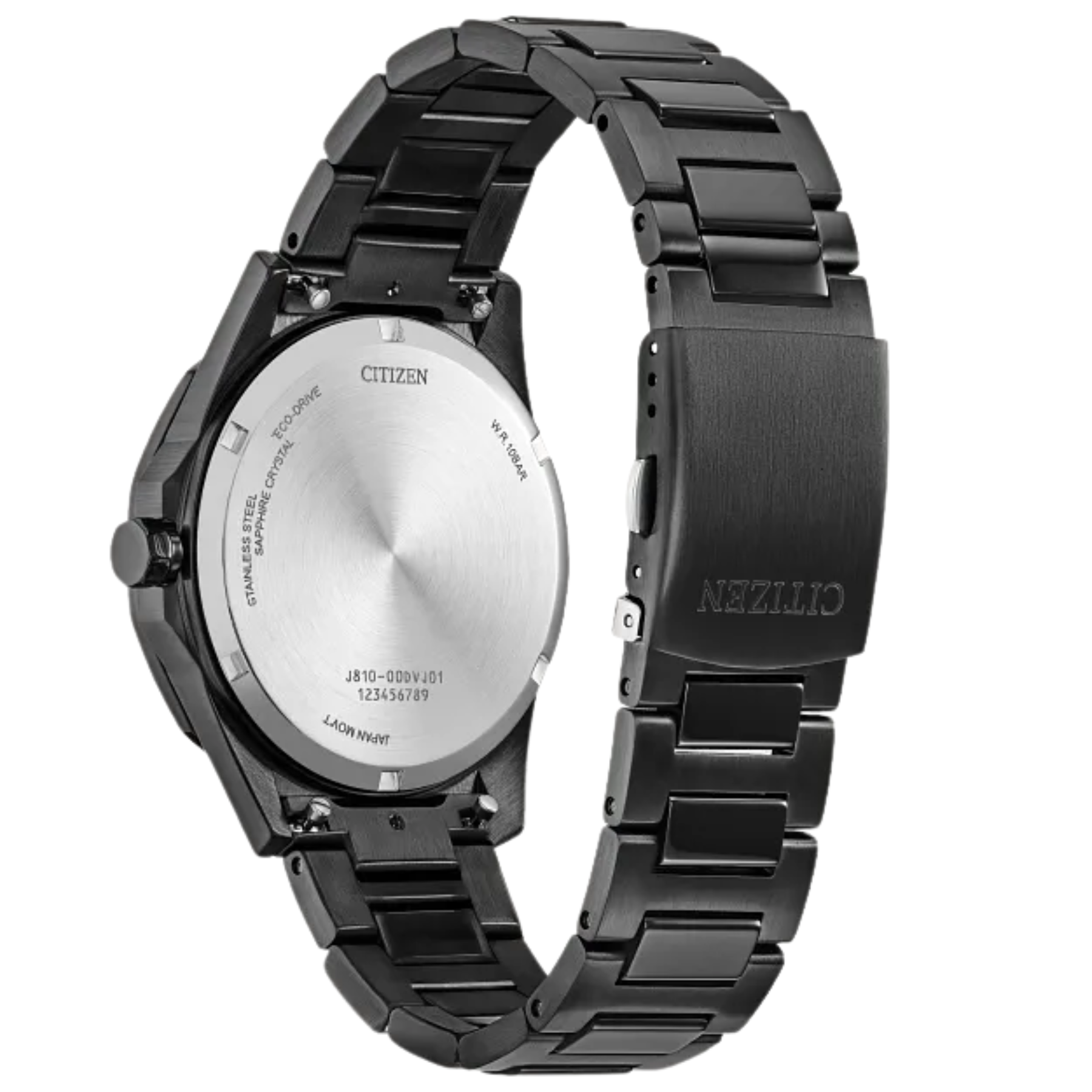 Black Citizen watch with metallic band on a white background