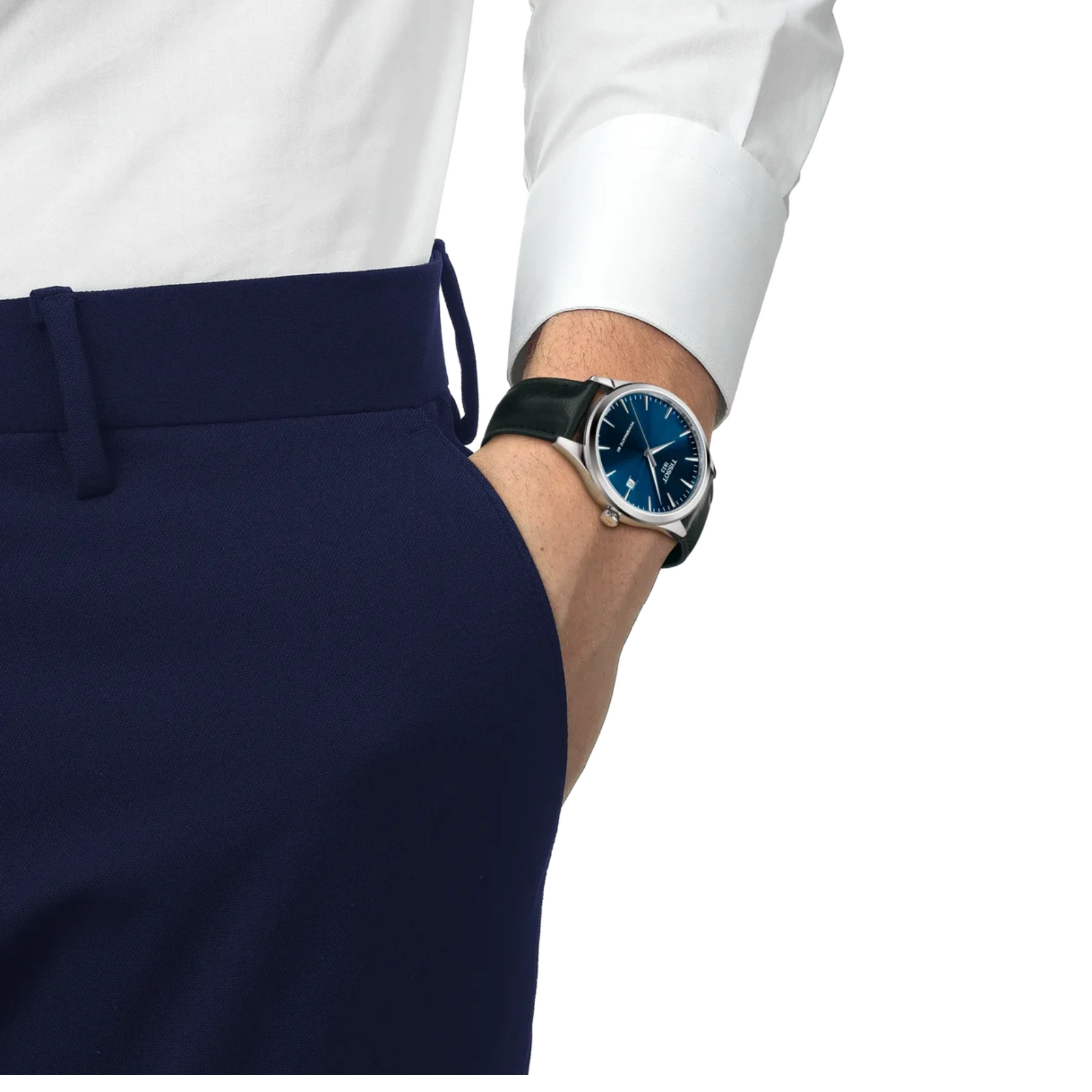 Person wearing a black wristwatch with a blue face on a white background