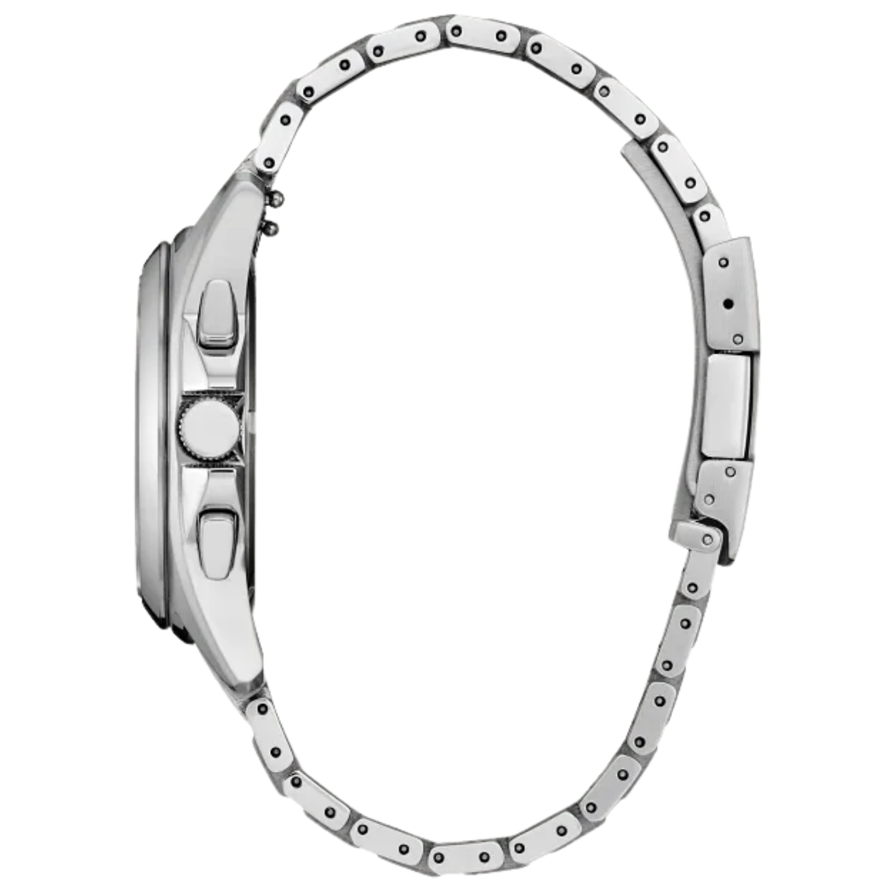 Silver watch with a detailed band on a white background