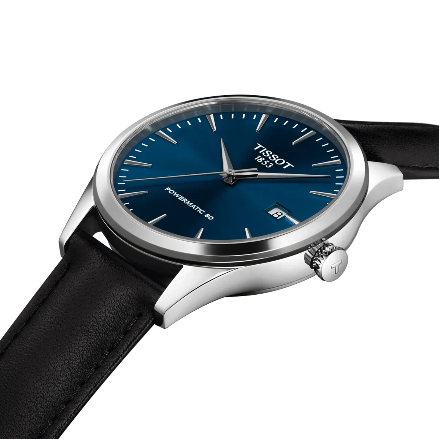 Tissot watch with blue dial and black leather strap on a white background