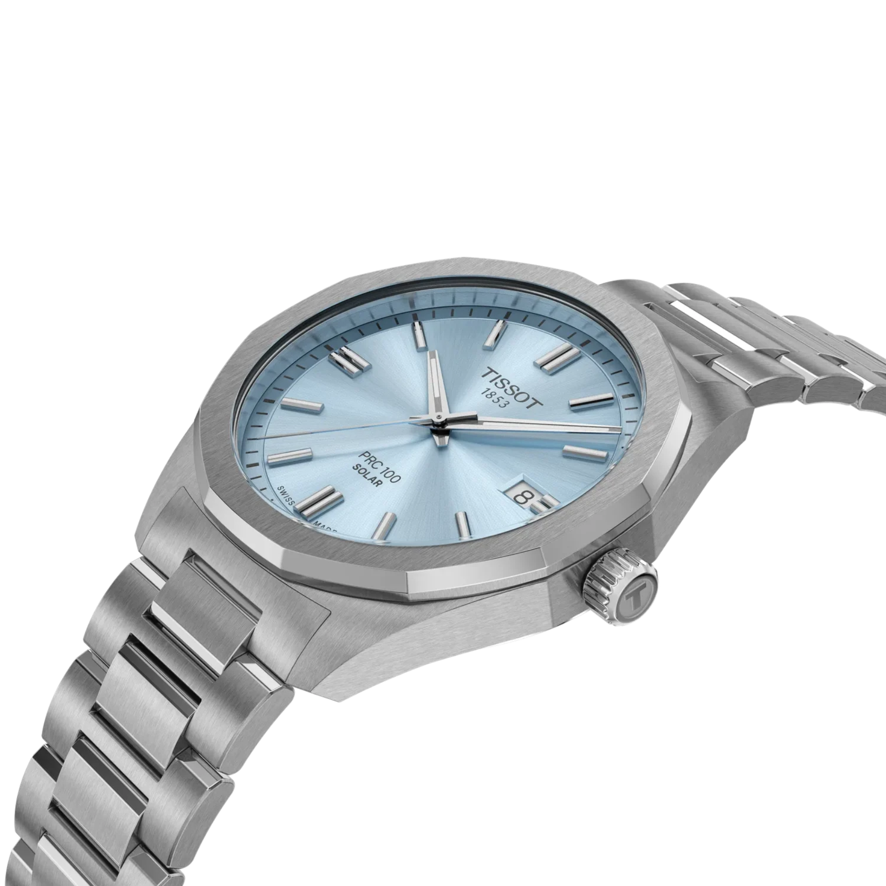 Silver Tissot watch with blue face on a white background