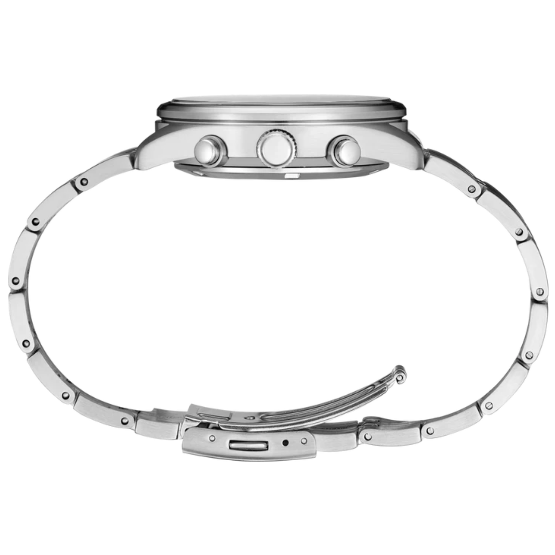 Silver stainless steel watch with a round case, three crown buttons on the side, and a matching multi-link bracelet, shown from a side profile view against a white background.