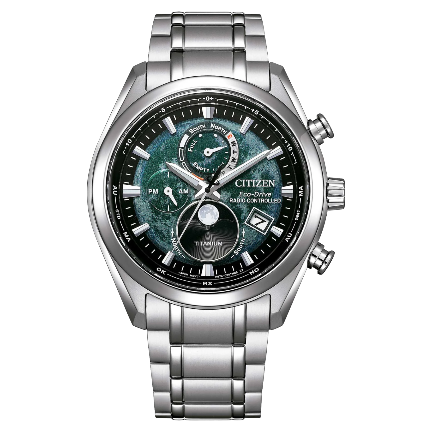 A Citizen Eco-Drive Titanium analog watch with a silver stainless steel case and link bracelet, featuring a dark green and black dial with multiple sub-dials.