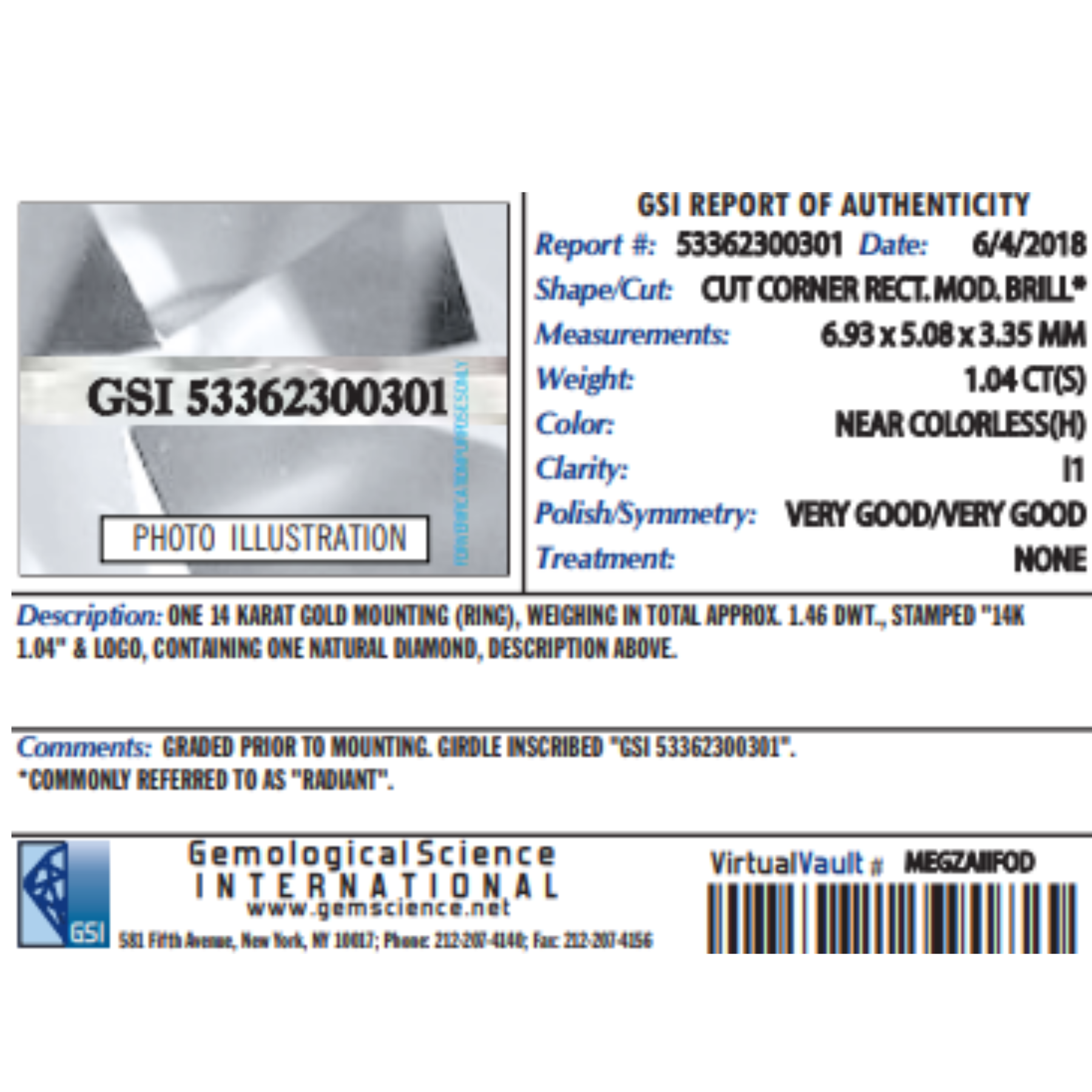 Gemological Science International GSI Report of Authenticity for a MEGZAIMPOD virtual ring, showing a photo illustration of a silver-toned band with a round diamond and technical specifications.