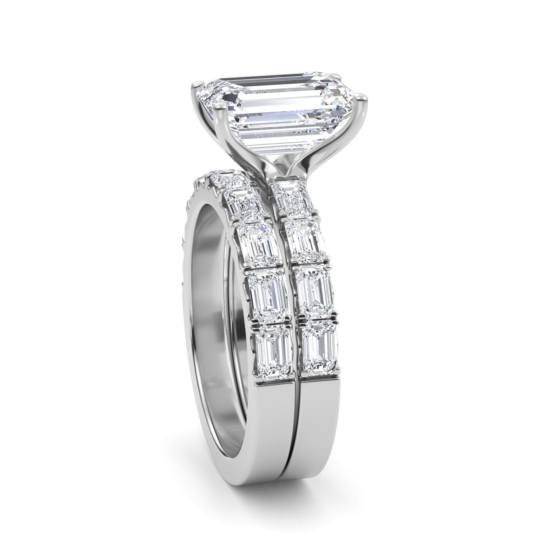 White Gold Lab Grown Diamond engagement ring and wedding band set on a white background 