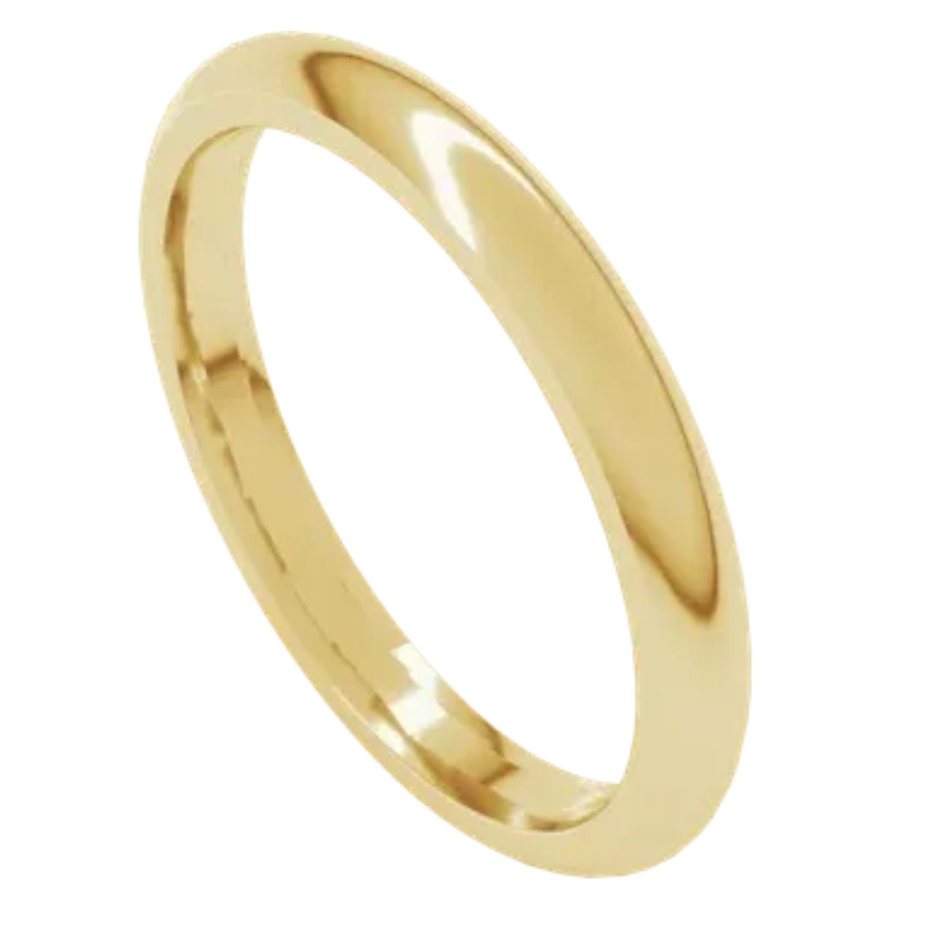A classic yellow gold band ring with a smooth, polished finish, shown at an angle on a plain white background.
