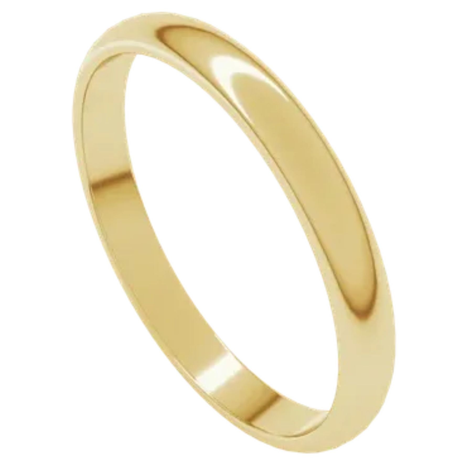A classic yellow gold band ring with a smooth, polished finish, shown at an angle on a plain white background.
