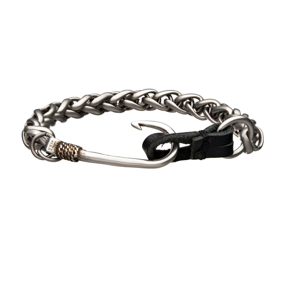 INOX Stainless Steel & Antiqued Finish Hook with Black Leather Chain Bracelet