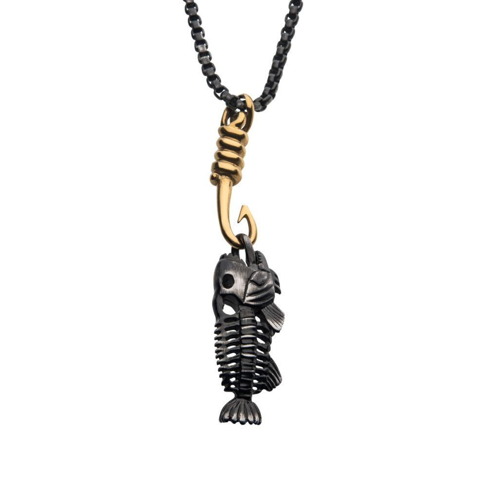 INOX Black IP Fishbone Pendant on a Polished Gold IP Hook with Black IP Box Chain