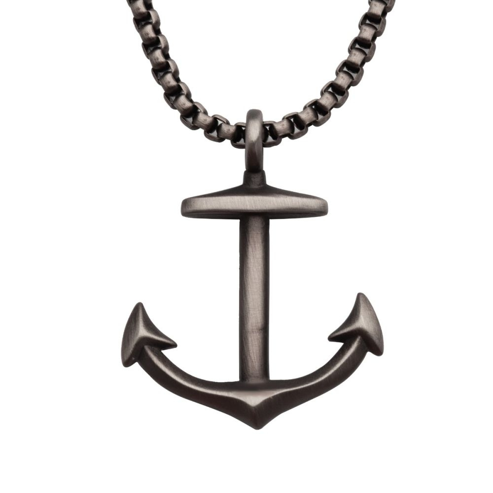 INOX Gun Metal IP Anchor Pendant with Box Chain