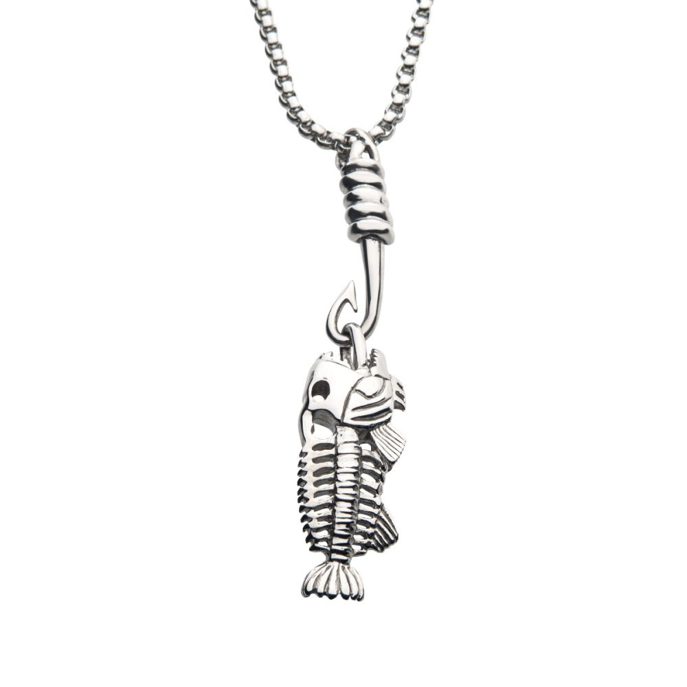 INOX Polished Steel Fishbone Pendant with Hook & Box Chain