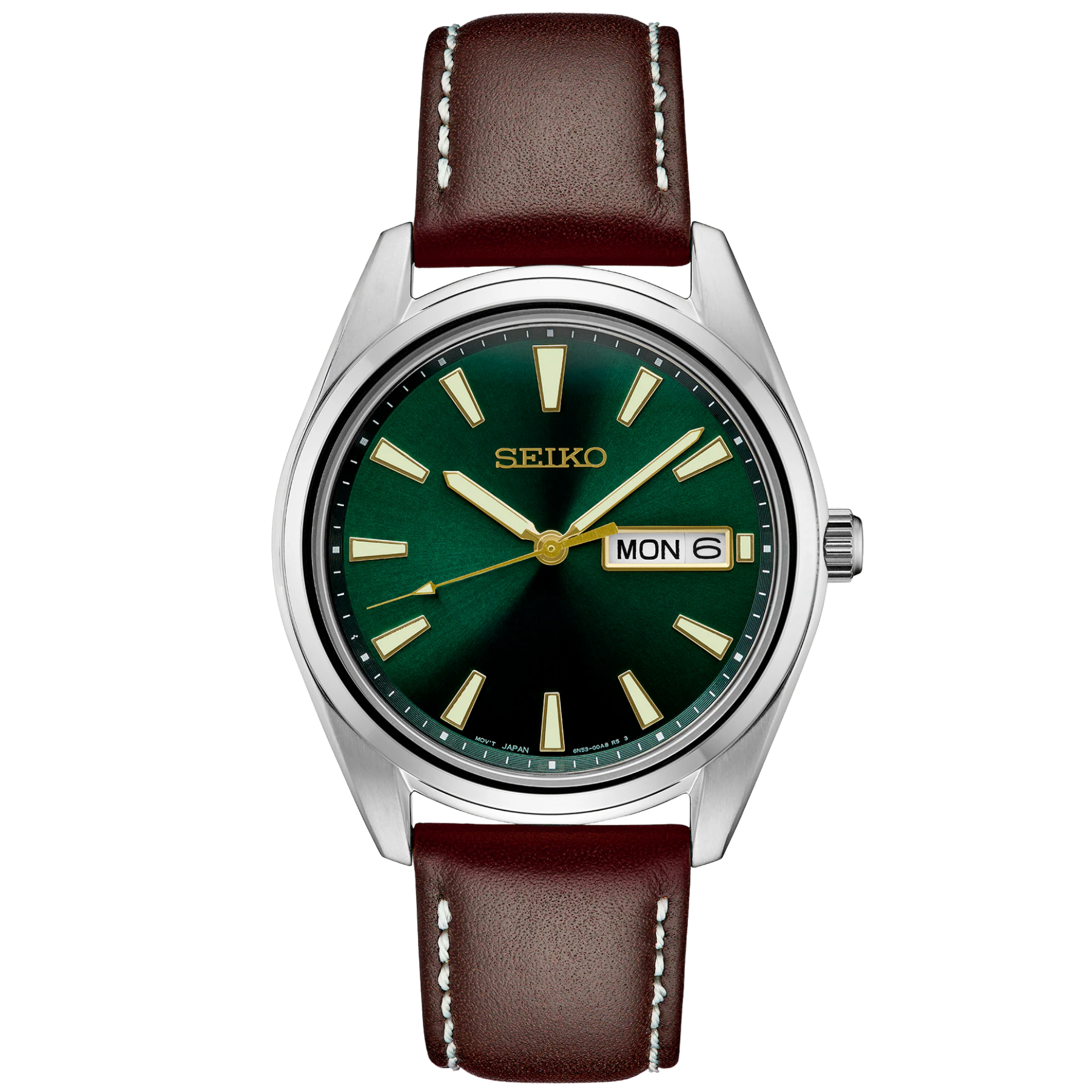 Seiko watch with green face and brown leather strap on white background