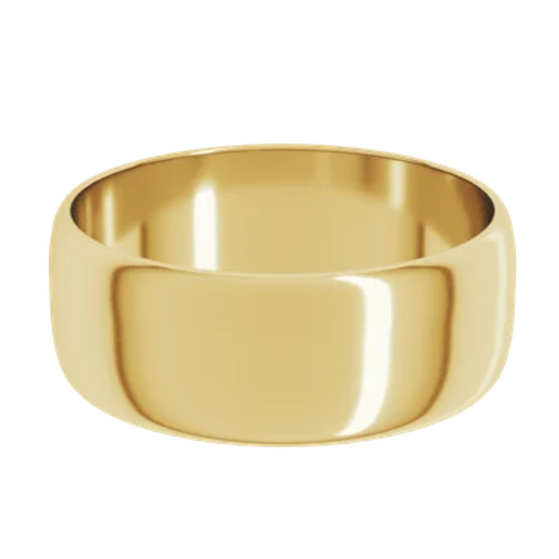 A polished yellow gold band ring with a smooth, rounded profile, shown on a plain white background.