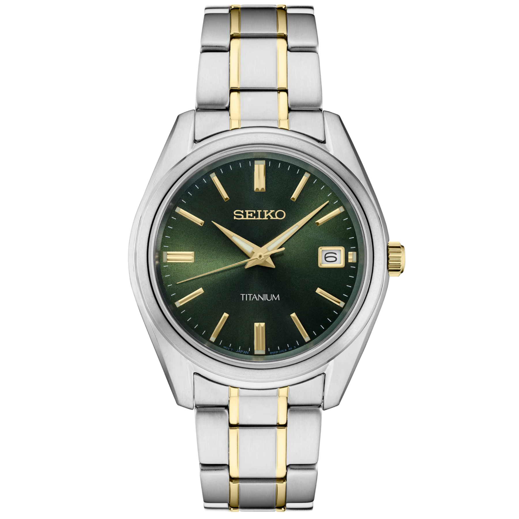 Seiko watch with silver and gold band on a white background