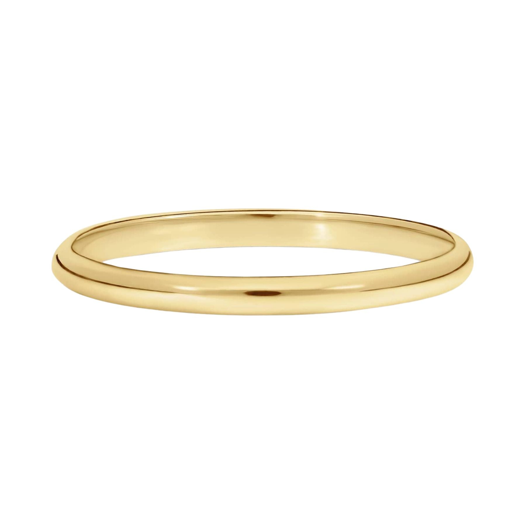 A thin, polished yellow gold band ring shown against a plain white background.