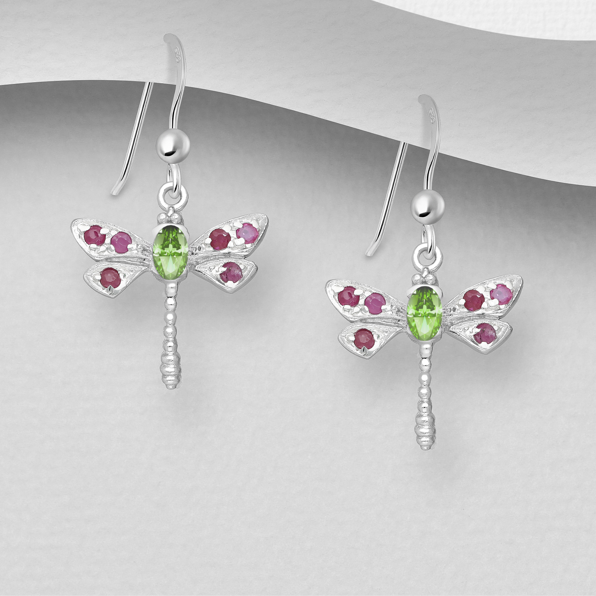 Image of peridot & Pink tourmaline dragonfly earrings