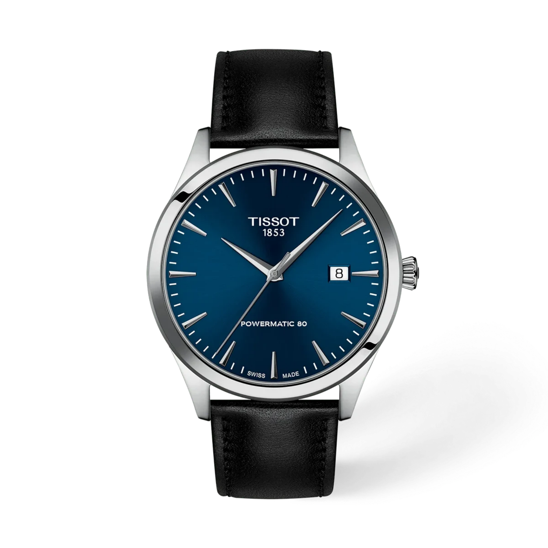 Tissot watch with blue dial and black leather strap on a white background