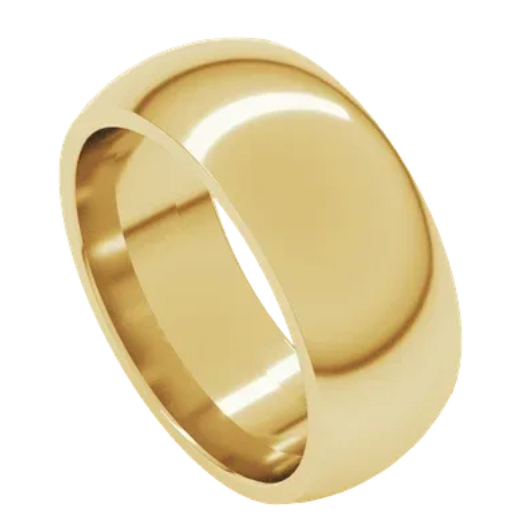 A classic dome-shaped gold band ring with a polished, reflective finish, shown on a plain white background.