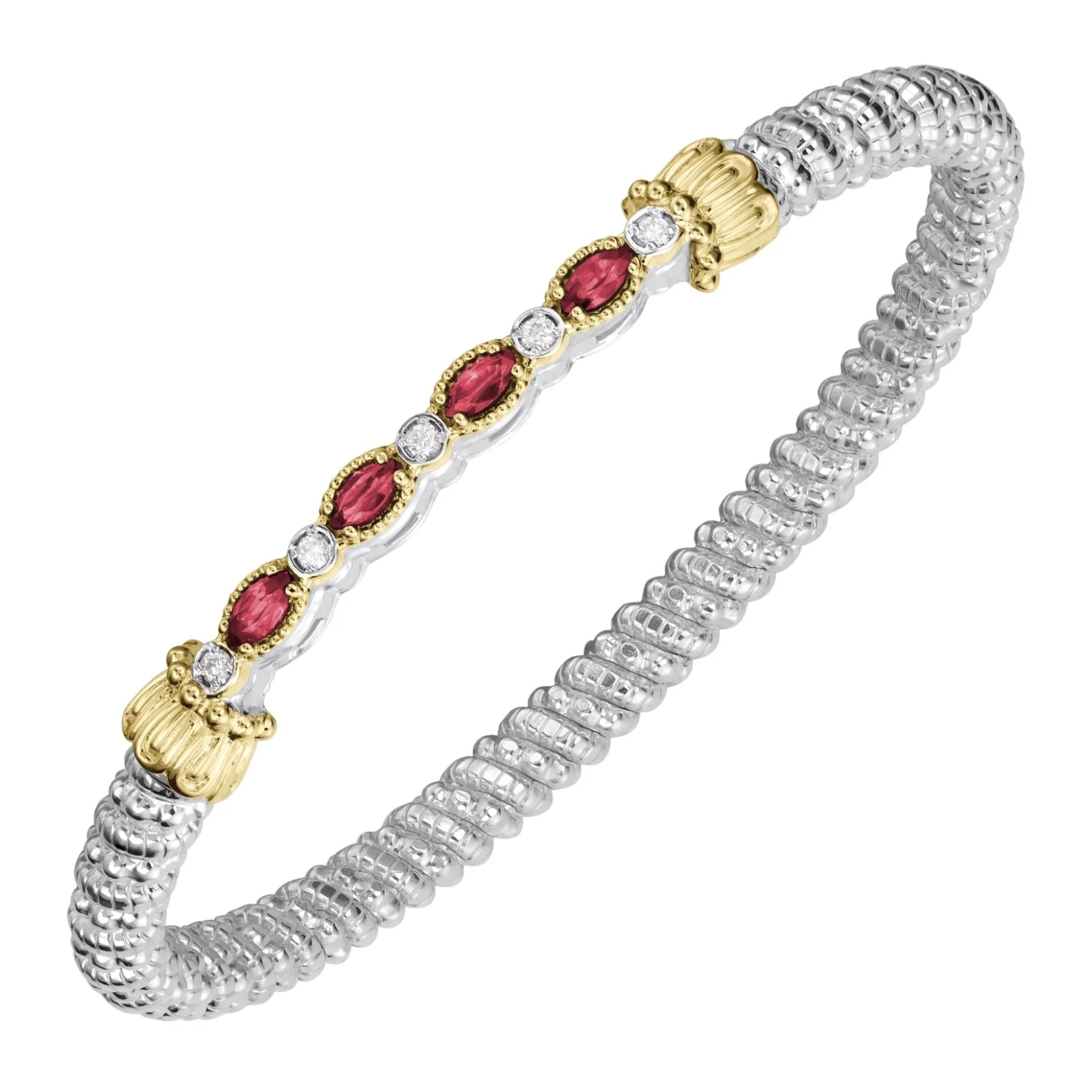 VAHAN 14K Yellow Gold Accented Marquise Ruby & 0.10CTW. Diamond 4MM Stackable Sterling Silver Bangle Bracelet