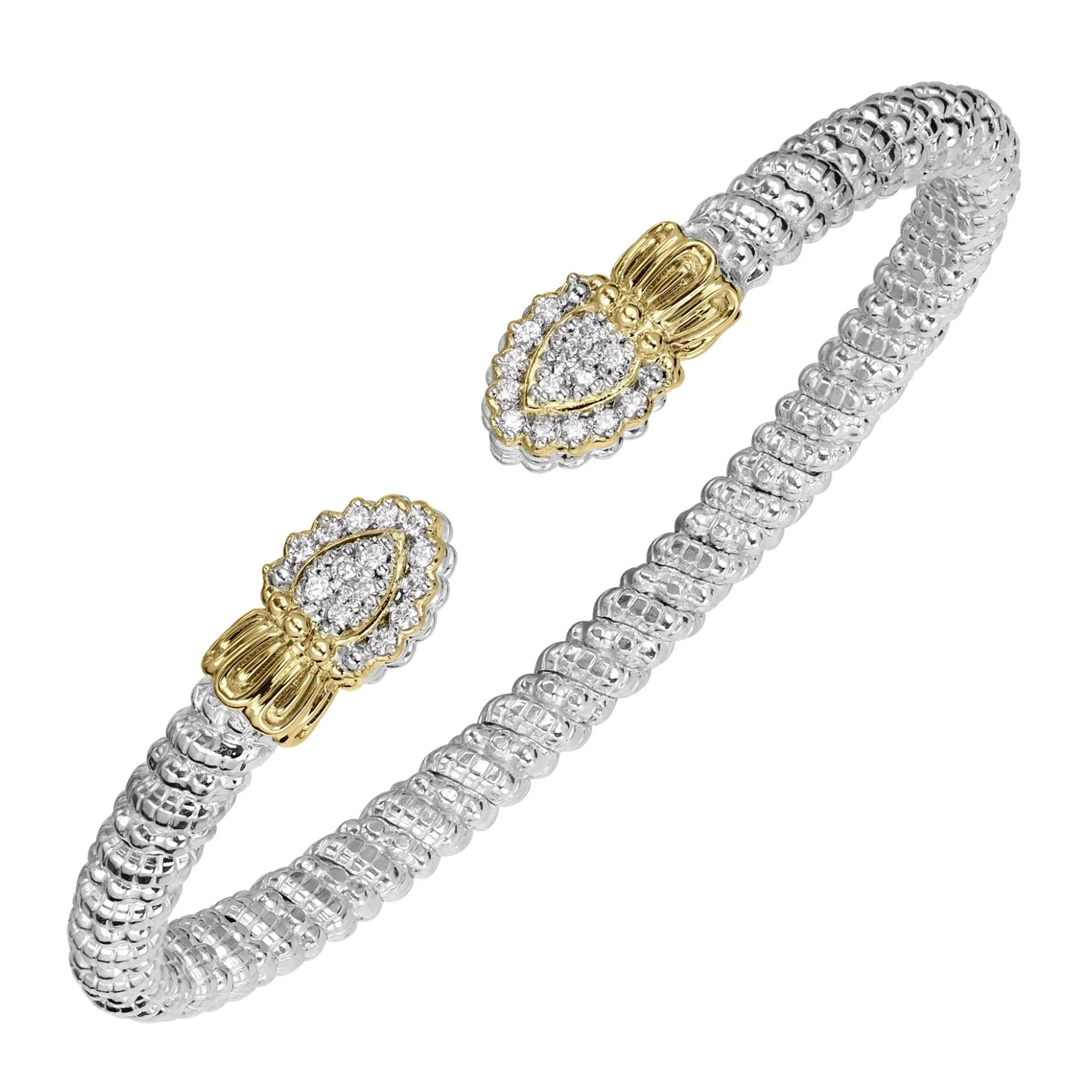 VAHAN 14K Yellow Gold Accented 0.28CTW. Diamond 4MM Stackable Sterling Silver Cuff Bracelet with Snake Head Ends