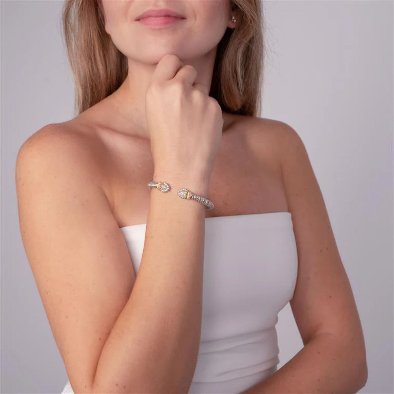 VAHAN 14K Yellow Gold Accented 0.28CTW. Diamond 4MM Stackable Sterling Silver Cuff Bracelet with Snake Head Ends