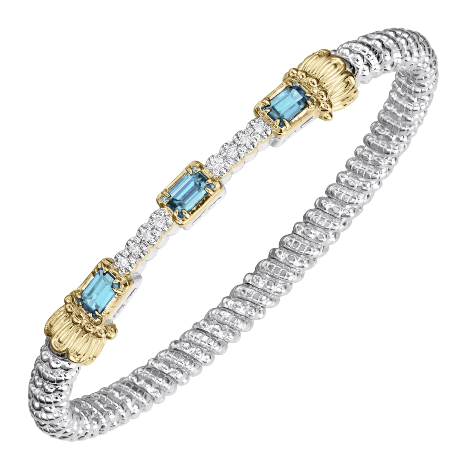 VAHAN 14K Yellow Gold Accented Emerald-Cut Swiss Blue Topaz & 0.12CTW. Diamond 4MM Stackable Sterling Silver Bangle Bracelet