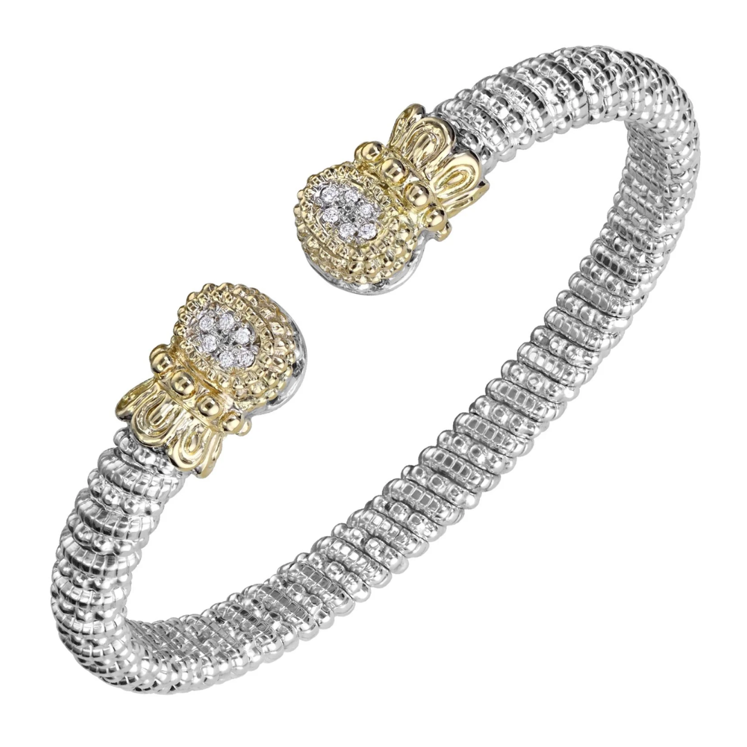 VAHAN 14K Yellow Gold Accented 0.09CTW. Diamond 6MM Stackable Sterling Silver Cuff Bracelet with Oval Ends