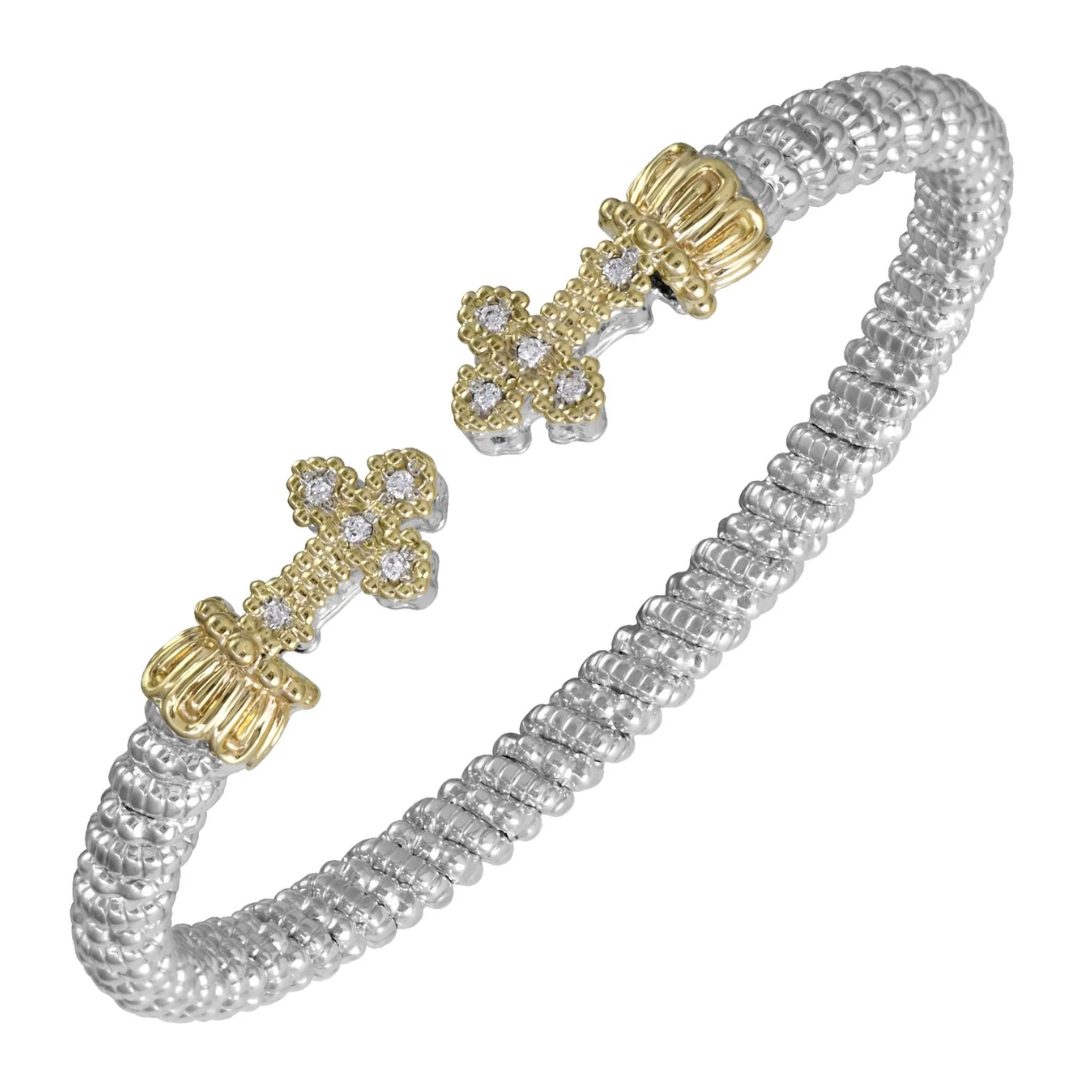 VAHAN 14K Yellow Gold Accented 0.10CTW. Diamond 4MM Stackable Sterling Silver Cuff Bracelet with Cross Ends