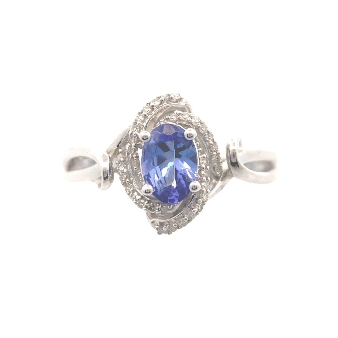 Sterling Silver 3/4CT. Oval-Cut Tanzanite with 1/10CT. White Zircon & Diamond Vortex Halo Ring