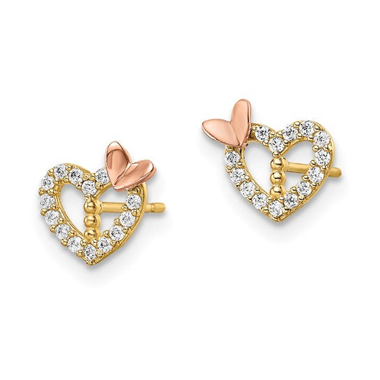 14K Yellow Gold Two-Tone CZ Heart With Butterfly Earrings