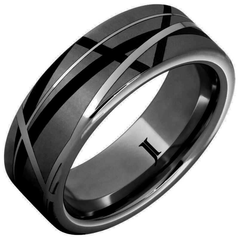 "LINEAR" 8MM Men's Black Diamond Ceramic Laser Engraved Abstract Design Ring