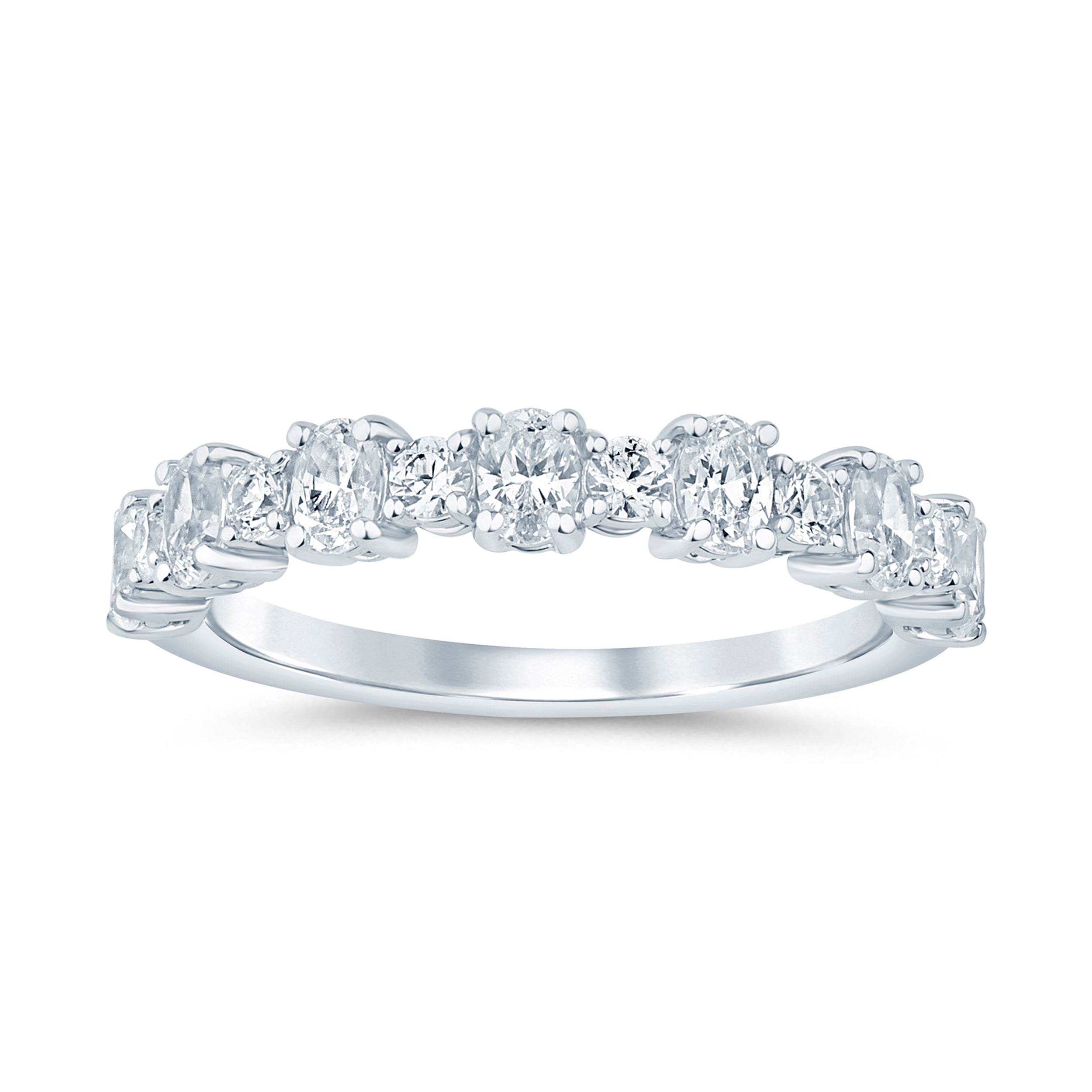14K White Gold 0.90CTW. Natural Diamond Alternating Oval & Round Stackable Band
