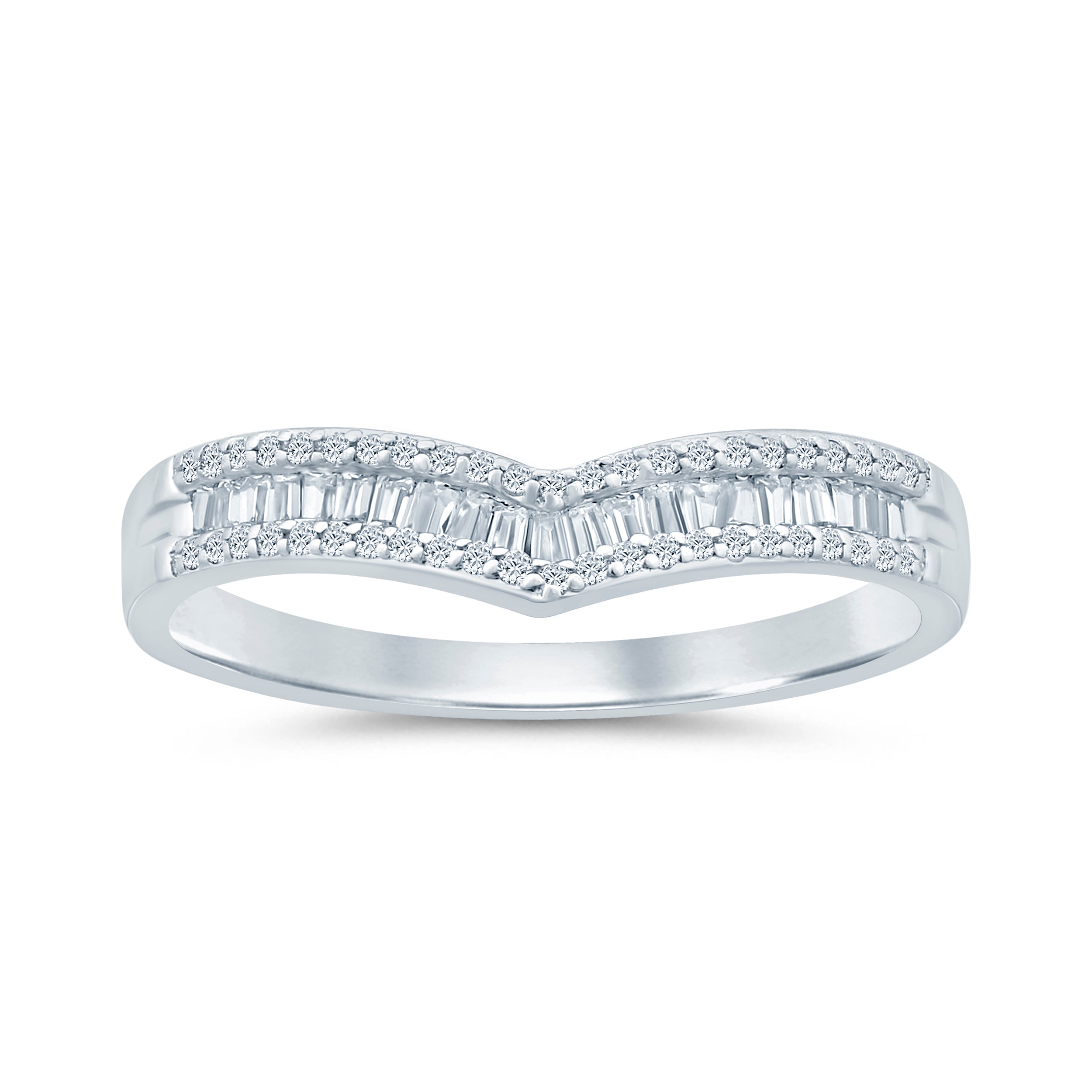 14K White Gold 0.25CTW. Natural Diamond Round & Baguette V-Shaped Wedding Band