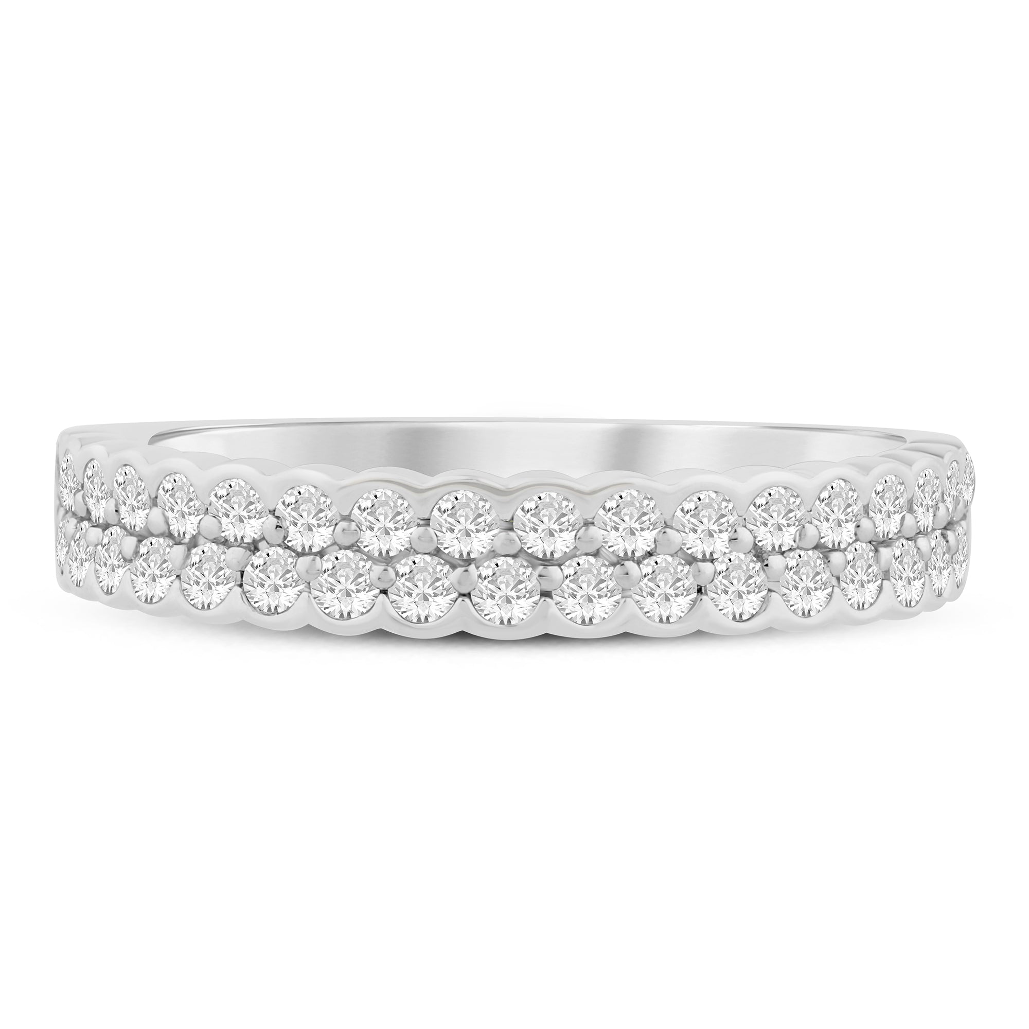 Front View 14K White Gold Double Row Lab-Grown Diamond Scalloped Edge Band