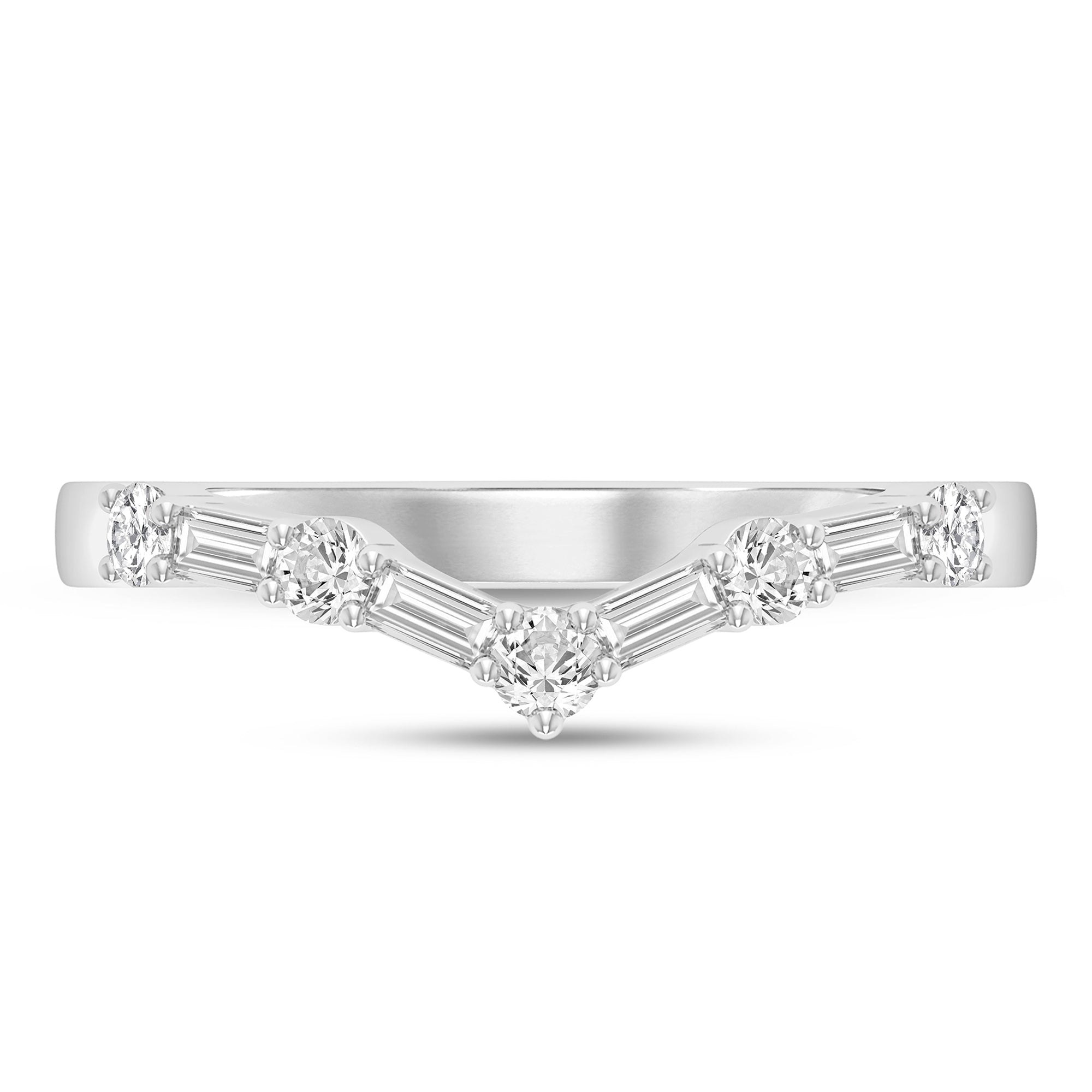 Front View 14K White Gold 1/5CTW Round and Baguette Lab-Grown Diamond Chevron Shape Band