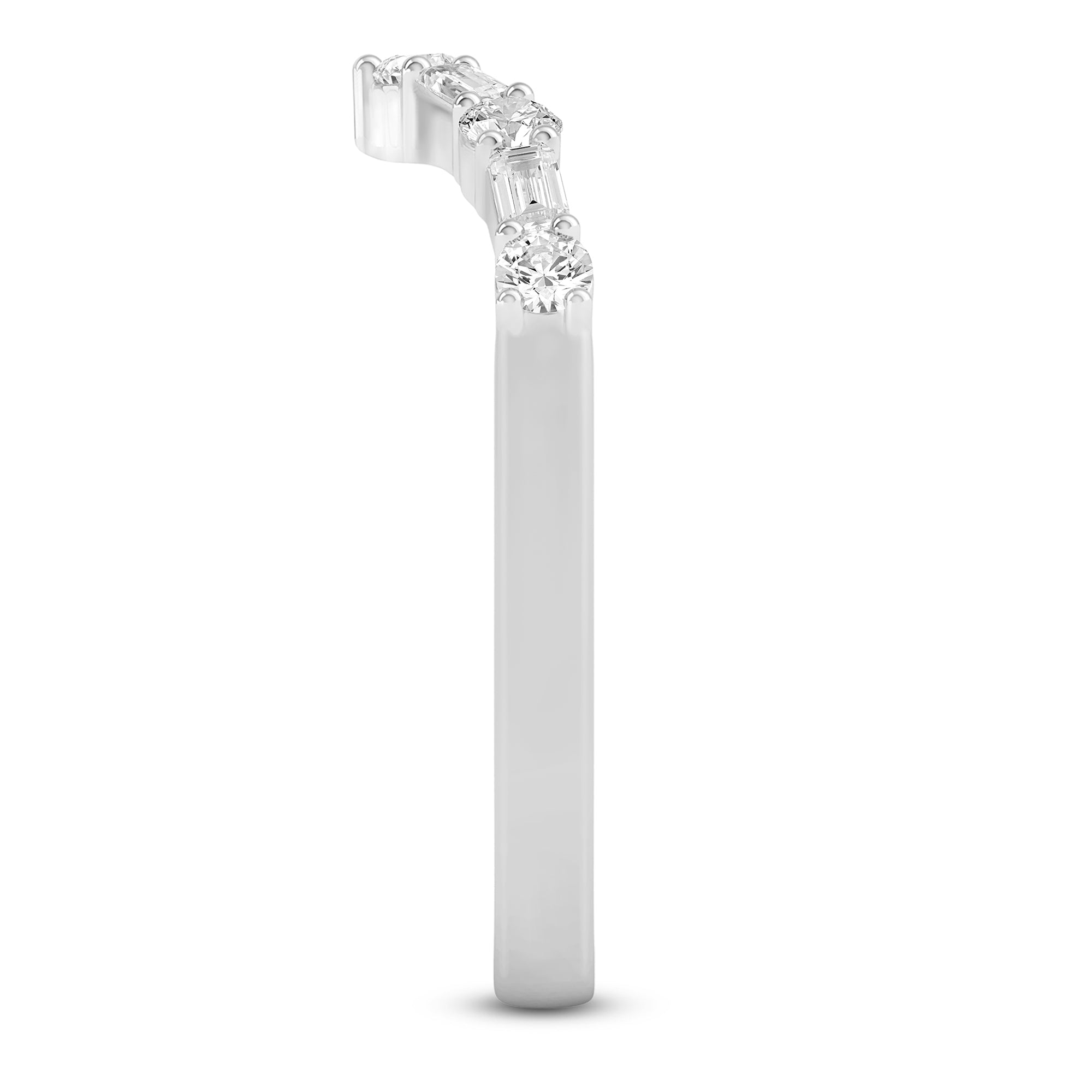 Side View 14K White Gold 1/5CTW Round and Baguette Lab-Grown Diamond Chevron Shape Band