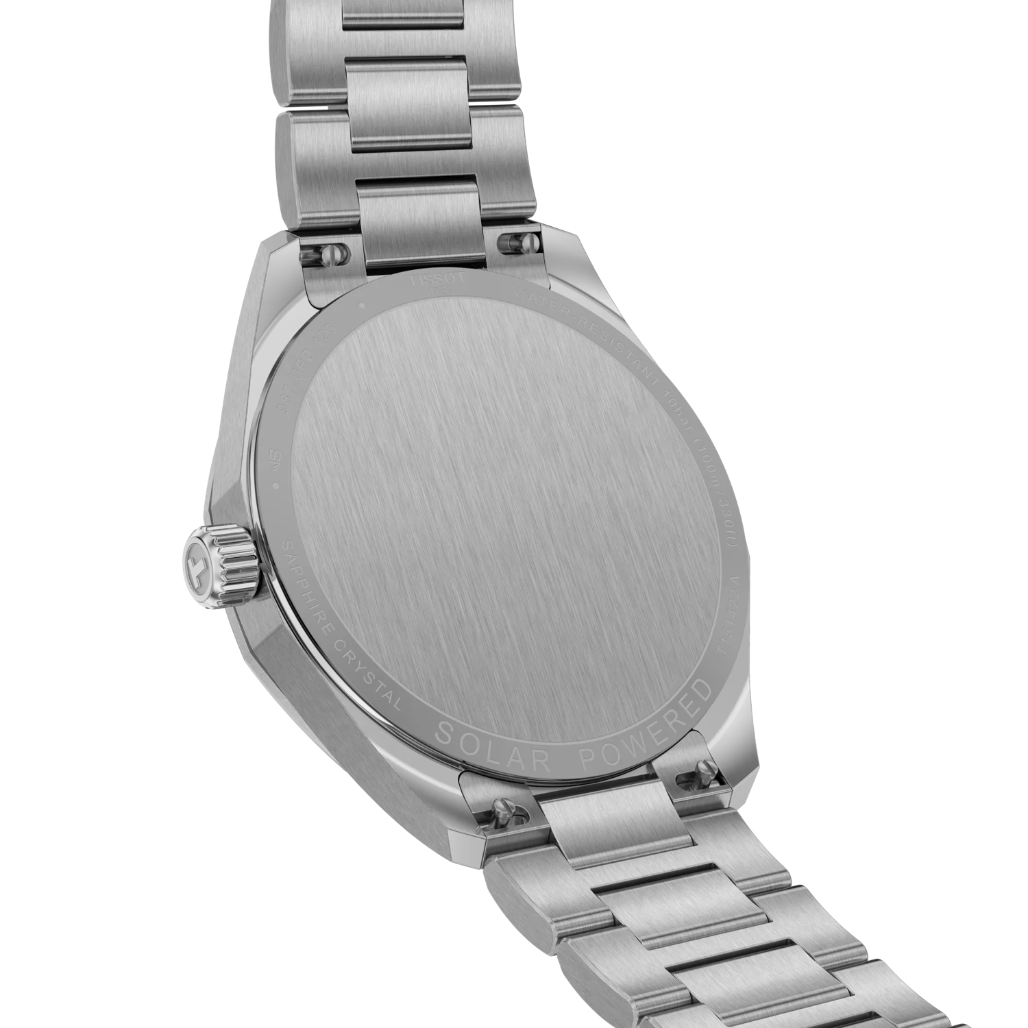 Silver watch with a detailed back view on a white background