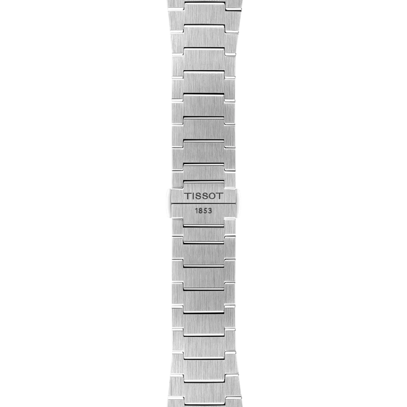 Close-up of the Tissot PRX stainless steel bracelet and butterfly clasp.