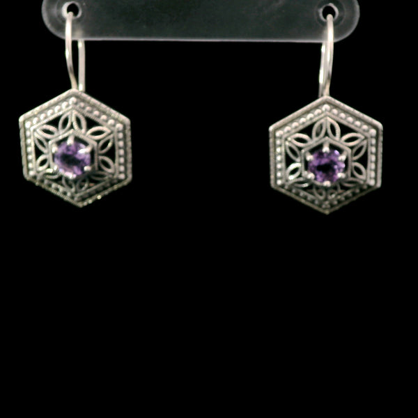 Sterling Silver Amethyst Hexagon Art Deco Style Filigree Earrings