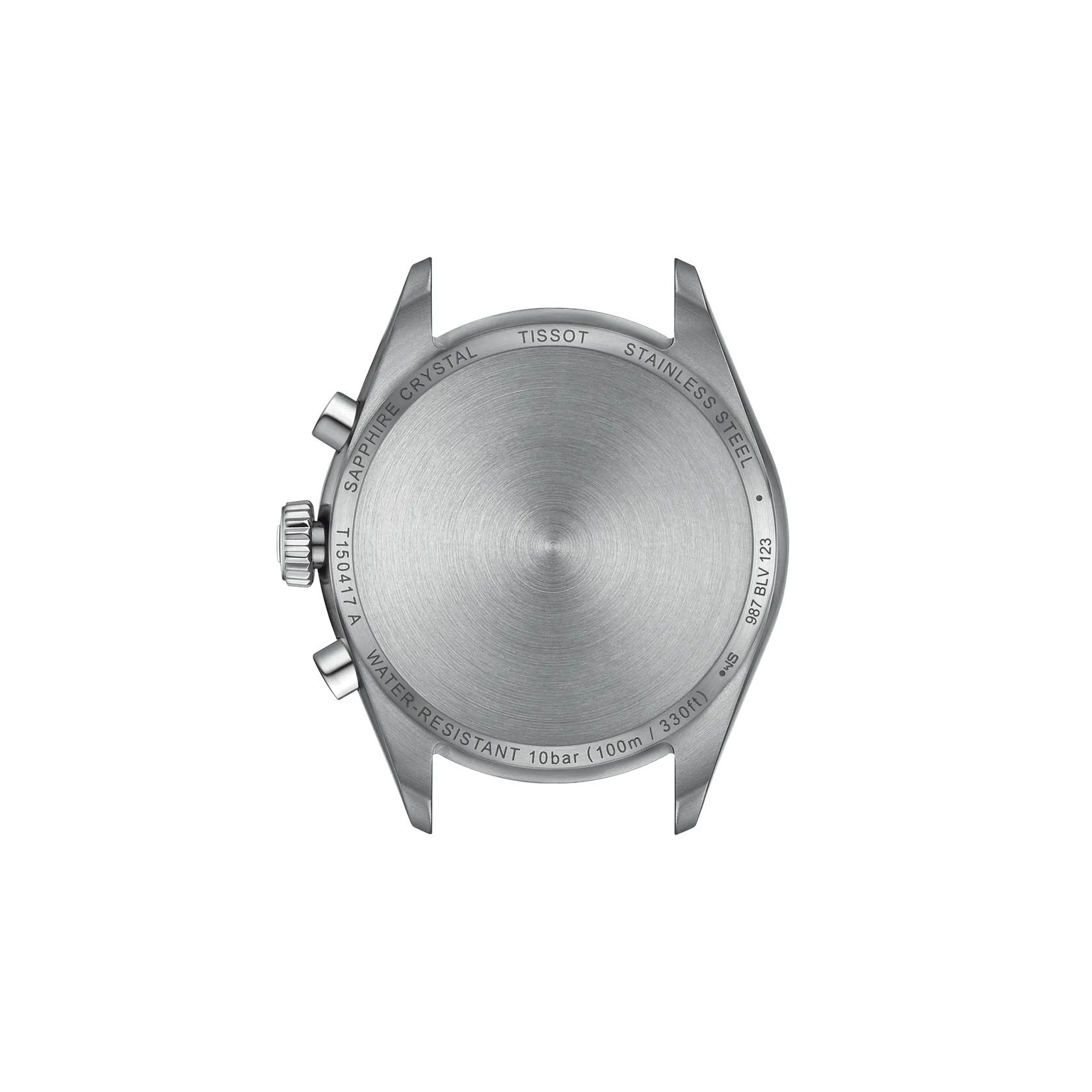 Back view of a Tissot watch with branding and specifications on a white background