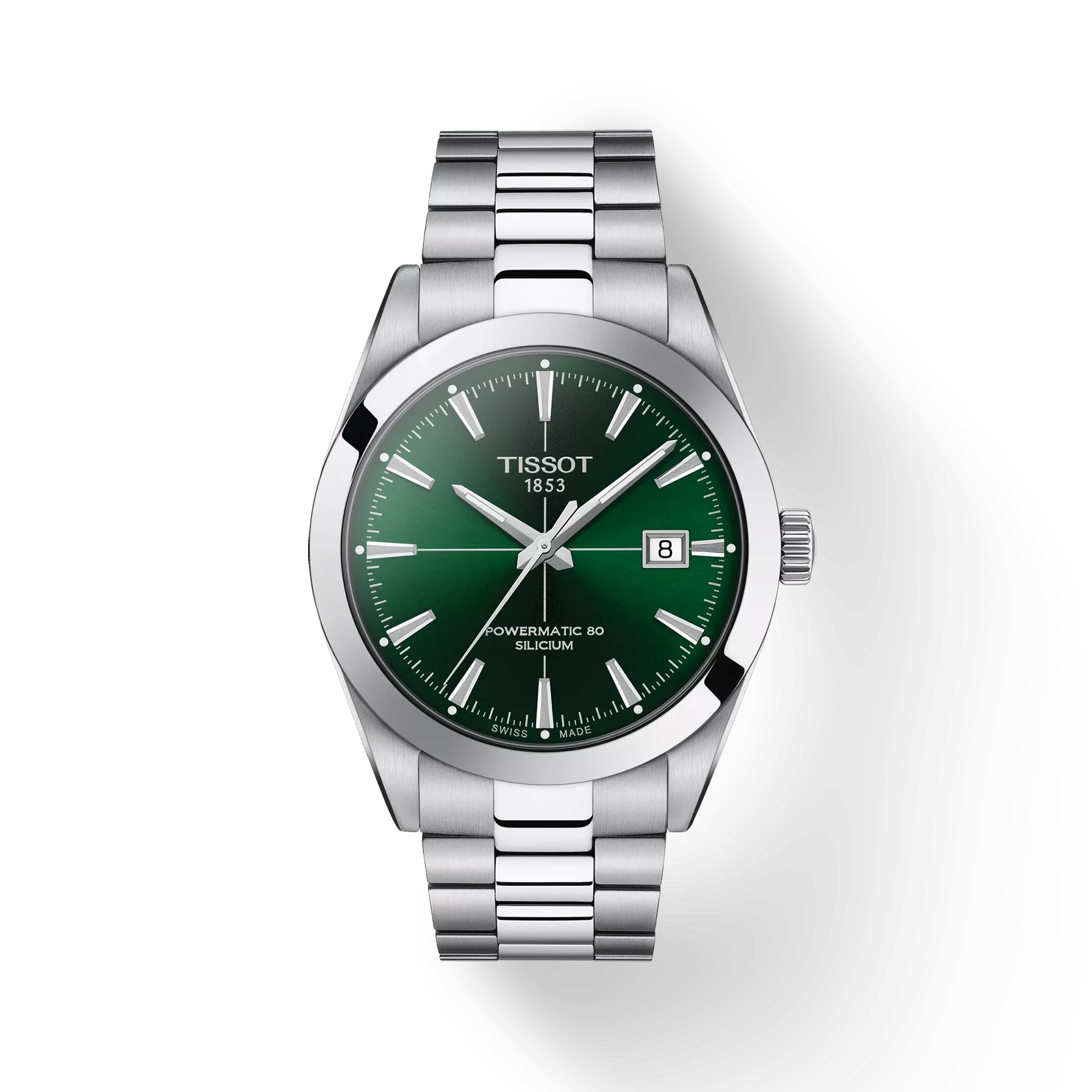 Tissot watch with green dial and silver bracelet on a white background