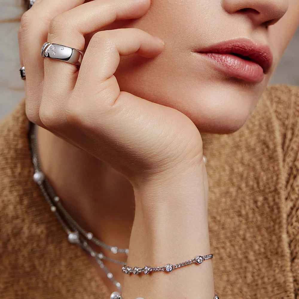 Model View Ania Haie Silver Multi Station Round Stone Chain Bracelet