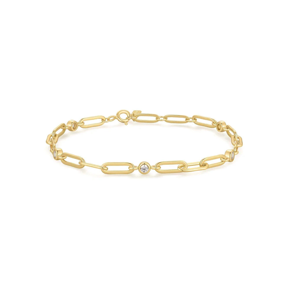 Front View Ania Haie Gold Bezel Station Paper Clip Chain Bracelet