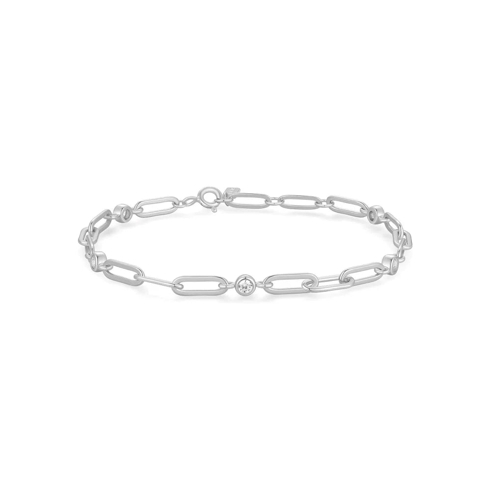 Front View Ania Haie Silver Bezel Station Paper Clip Chain Bracelet