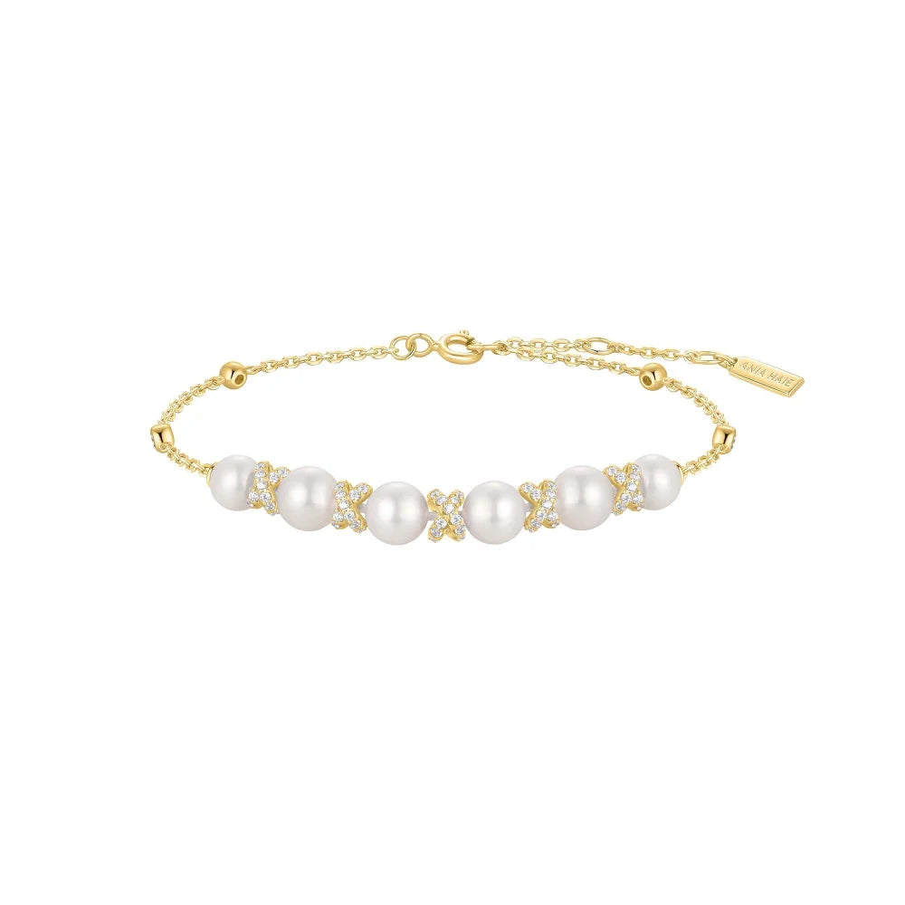 Front View Ania Haie Gold Sparkling Braided Shell Pearl Bracelet